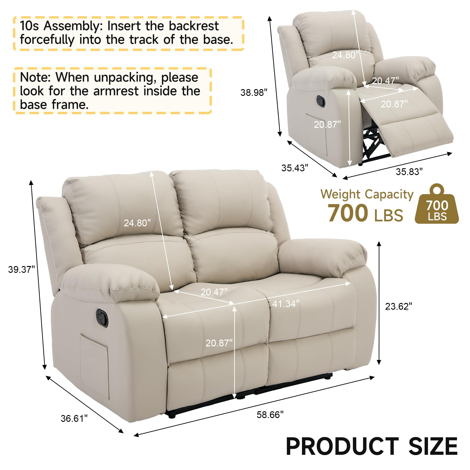 Reclining Couch Sleeper Sofa Set Chaise Lounge Chair Leather Recliner Couch Loveseat for Living Room, Theater Seating(Loveseat+Recliner,Beige)