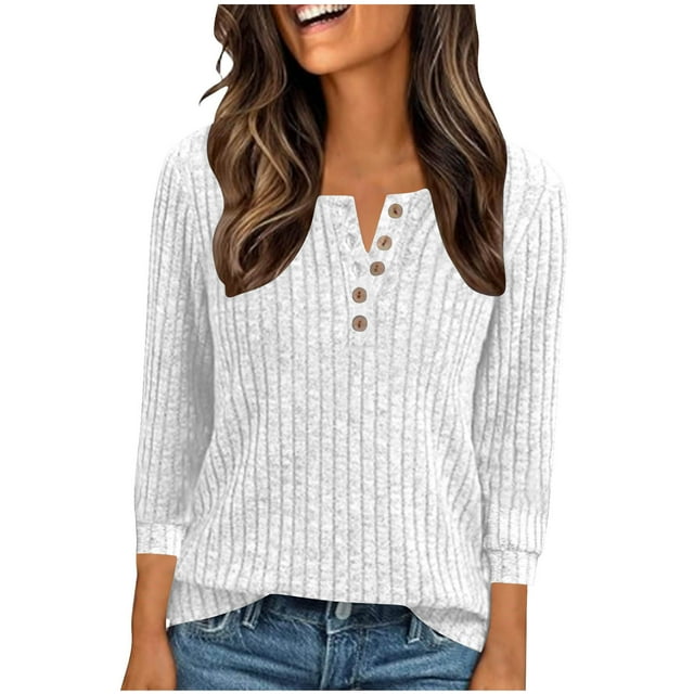 Erwazi Chandail pour Femmes à Manches 3/4, Col Ras du Cou à Boutons, Chandails à Enfiler, Été Automne, Tricot Henley, Coupe Régulière, Hauts pour Femmes