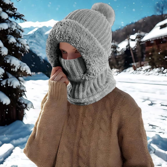 Women's 3-in-1 Knit Balaclava Hood, Fleece Lined Winter Hat with Neck Warmer and Face Cover, Pom Pom Beanie with Faux Fur Brim for Cold Weather - Grey
