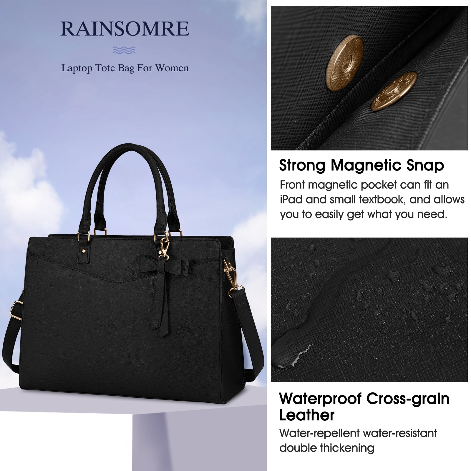 RAINSMORE Laptop Bag for Women 15.6 Inch PU Tote Bag Business Office Work Bag Waterproof Briefcase Computer Tote Lightweight Handbag Shoulder,Black