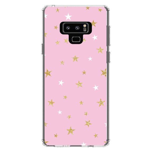 DistinctInk Clear Shockproof Hybrid Case for Samsung Galaxy Note 9 - TPU Bumper, Acrylic Back, Tempered Glass Screen Protector - Pink & Gold Print - Stars Pattern