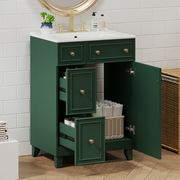 Euroco 24" Forest Green Bathroom Vanity Cabinet with Ceramic Sink, 2 Drawers, 1 Soft-Close Door