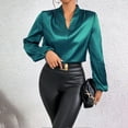 thumbnail image 6 of TFEOQRY Women's Satin Blouse V Neck Long Lantern Sleeve Elegant Workwear Top Loose Office Fashion Shirt Green, 6 of 9