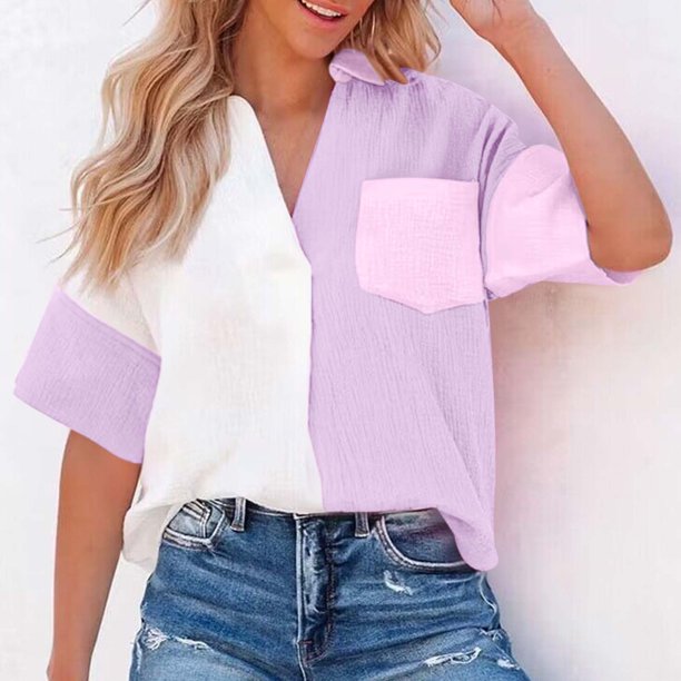 Fiudx Ofertas Flash Del Día Solo En Línea Moda Mujer Casual Botón Patchwork Blusa Manga Corta Camiseta Verano Tops