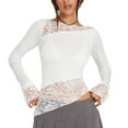 thumbnail image 1 of Top de manga larga con retazos de encaje, cuello redondo, ajustado, camisa de encaje informal para mujer a la moda para fiesta diaria, Blanco S, 1 of 6