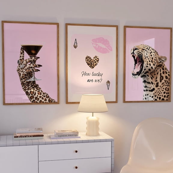 Pink Cheetah How Lucky Are We Espresso Martini Preppy Wall Art Set 3 Unframed Paper Print 8x12