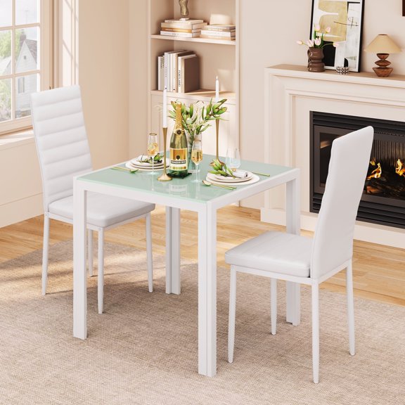 Dining Table Set for 2, Asofer 3 Pieces Kitchen Table and PU Leather Chairs Set for Small Space, White