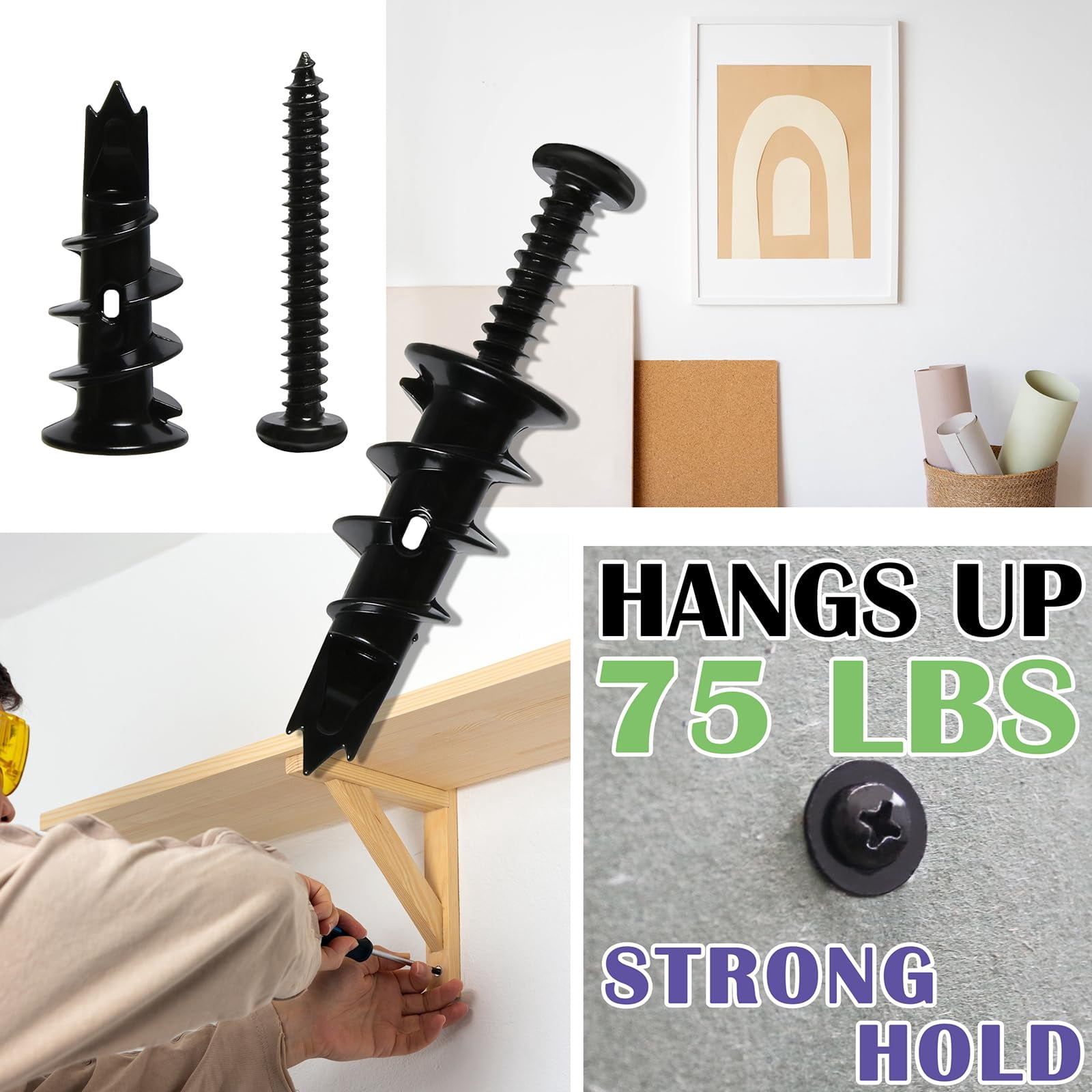 50Pcs #8 Self Drilling Metal Drywall Anchors and Screws kit, 25 Heavy Duty Hollow Sheetrock Anchors + 25 1-1/4'' Screw, No Pre Drill Hole Required - Hold 75lbs for Wall Hanging and Mounting
