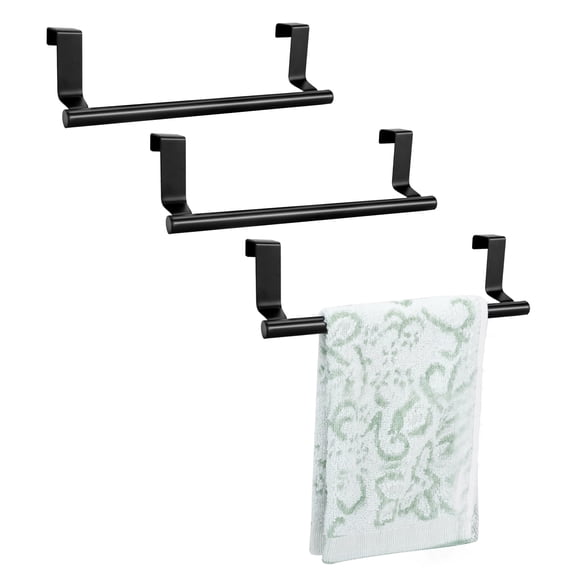JINYINGHOD 3 Pcs Over Door Towel Rack, 9 Inch Stainless Steel Cabinet Towel Kitchen Towel Holder, Hanger Towel Bar Holders with Anti-Slip Pads, No Drilling (Black)