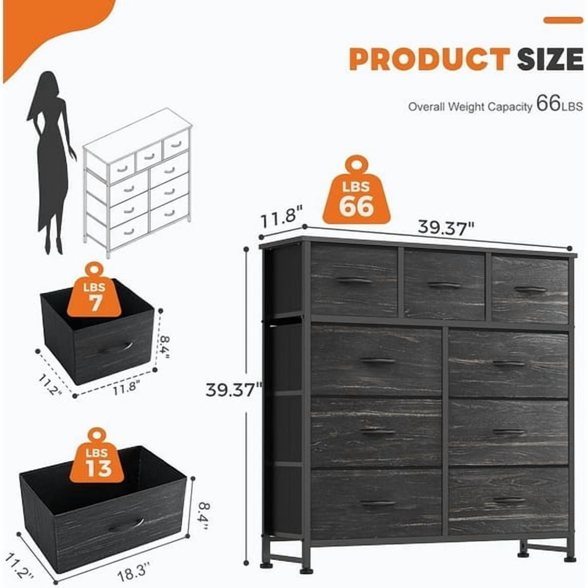 Dresser, Betcozy Storage Organizer with 9 Drawers for Bedroom, Chest of Drawer with Fabric Bin, Sturdy Metal Frame, Wood Top for Closet, Nursery,Black