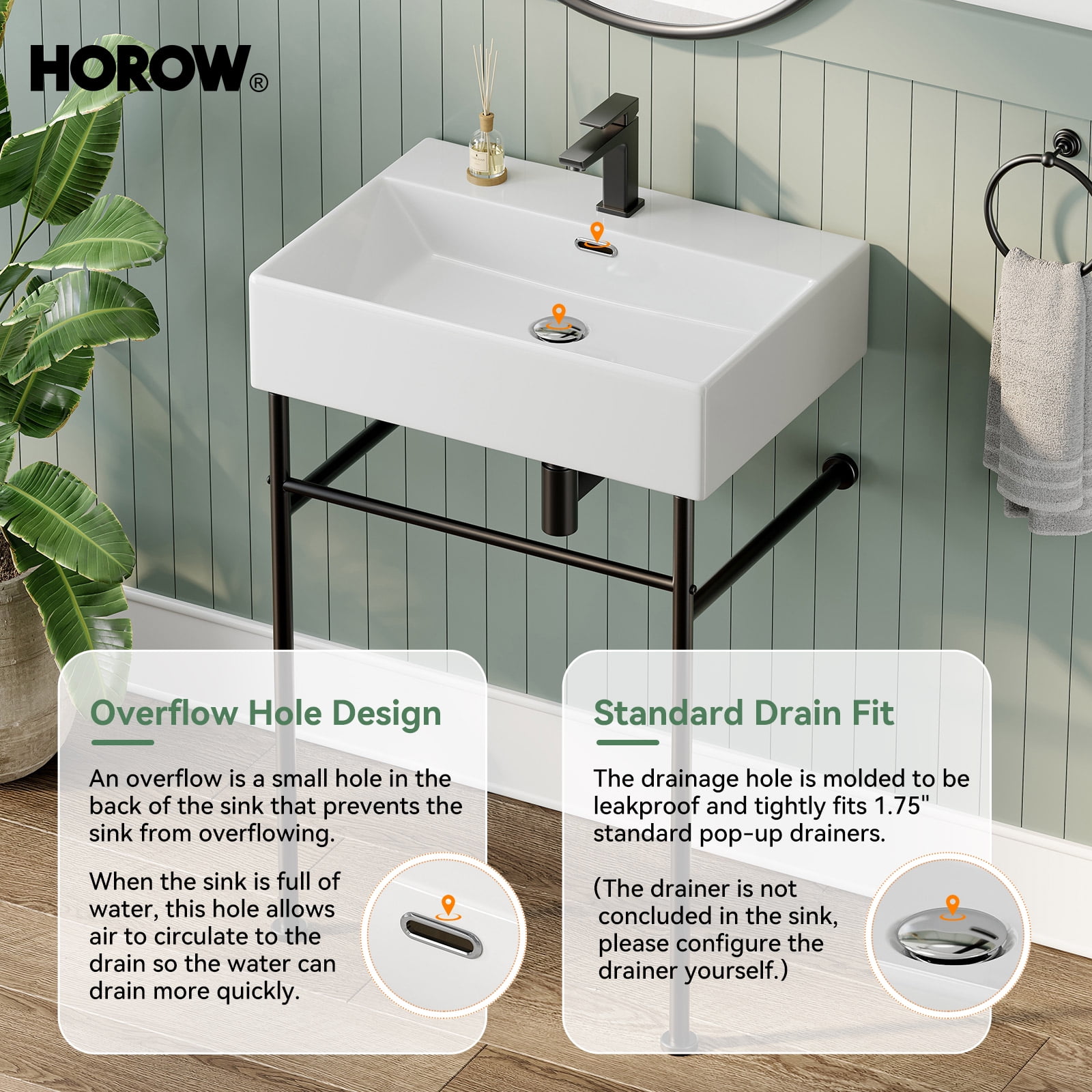 HOROW 24" Rectangular Console Bathroom Sink with Matte Black Stainless Steel Pedestal Legs