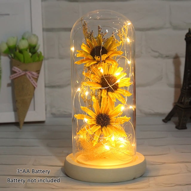Lámpara De Flores Encantadas, Girasol Artificial En Cúpula De Cristal, Lámpara De Flores Led Para El Día De San Valentín, Día De La Madre, 1 Uds. Flores Artificiales Amarillas Muyoka Hogar