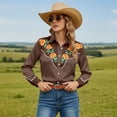 thumbnail image 2 of Women Western Cowgirl Cowboy Shirts Button Down Tops Floral Print Long Sleeve Snap Outfits Spring Fall Brown L, 2 of 5
