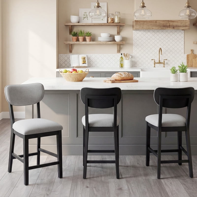 COLAMY Set of 6 Modern Farmhouse Bar Stools, 25.6" Counter Height Solid Wood Upholstered Barstools with Back, Padded Fabric Kitchen Dining Stools, Black