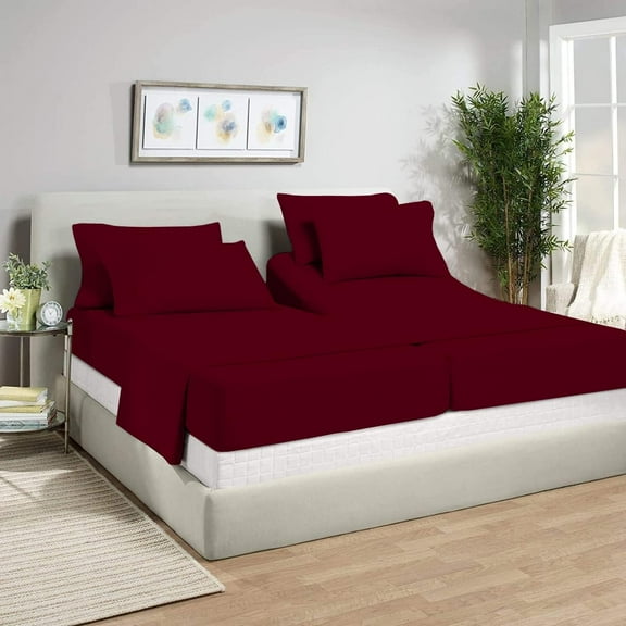 Split Sheet Set (5Pc) Split King Sheets Microfiber Split King Sheet Set, 21" Deep Pocket Adjustable Bed Sheets, Burgundy Solid