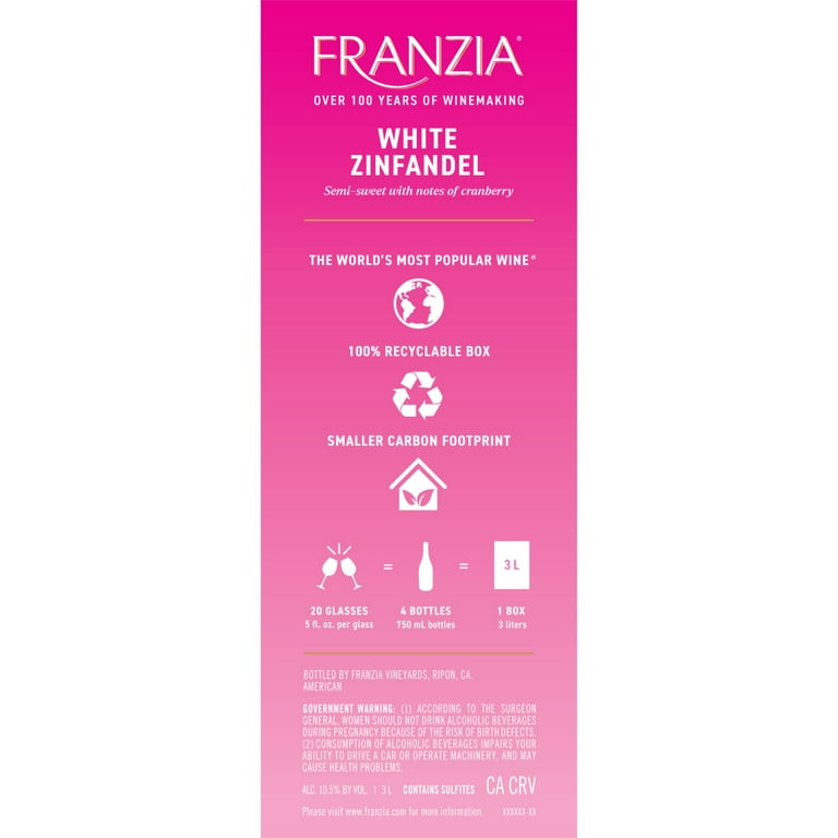 Franzia White Zinfandel Zinfandel Rose Wine 3L Bag in Box 11% ABV