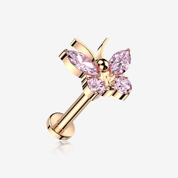 Implant Grade Titanium Rose Gold Butterfly Sparkle Internally Threaded Flat Back Stud Labret