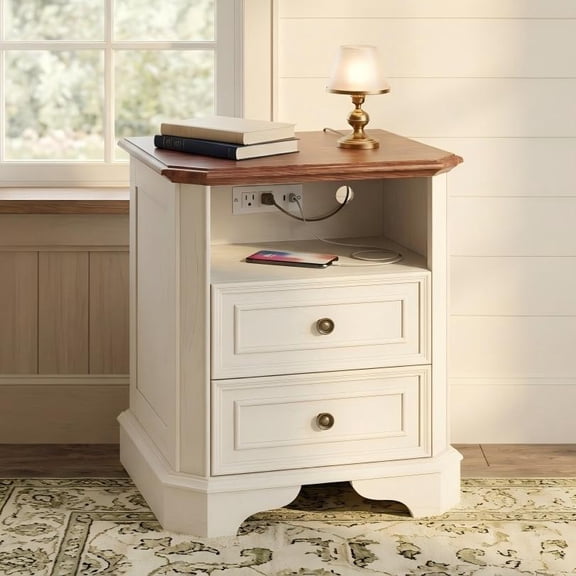 YAURA 24" White Modern Farmhouse Nightstand with Charging Station, 2 Drawers, Open Shelf & USB/AC Outlets