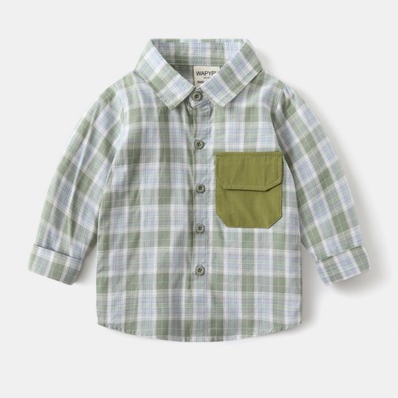 Samdudou Boys Casual Shirts Long Sleeve Plaid Shacket Fall Spring Fashion Button Down Jacket Lapel Collared Outerwear with Chest Pocket Size 2-8 Years