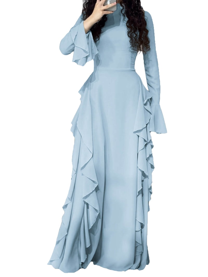 Women'S Bodycon Dresses Elegant Bell Sleeve Ruffle Hem Cocktail Party Long Dress Blue L