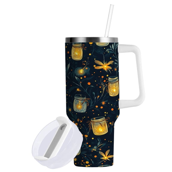 Yayeee 40oz Stainless Steel Tumbler with Straw and Handle Double-Wall Insulated Travel Water Bottle, Orange Fireflies Pattern