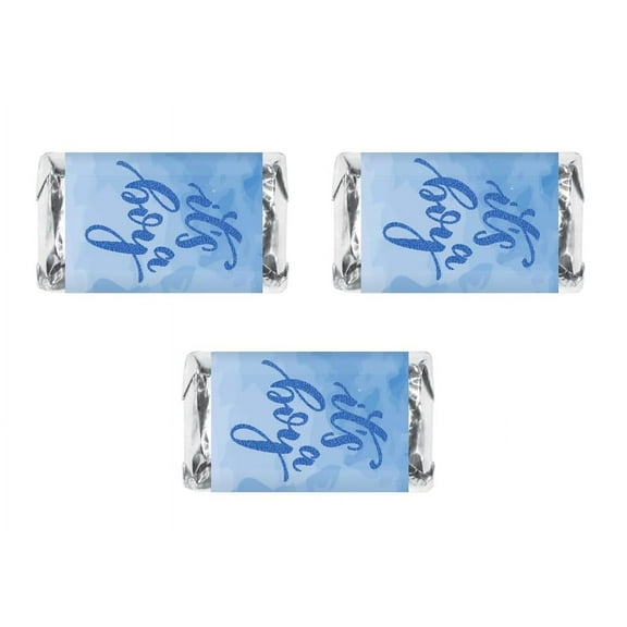 60 Modern Its a Boy Blue Background Baby Shower Miniatures Candy Bar Wrapper, Baby Shower Miniatures Candy Bar Stickers Decorations, Candy Not Included. Made in USA