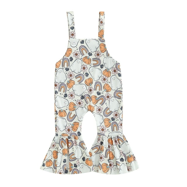 Fortune Combinaisons d'Halloween pour Bébé Fille Imprimé Citrouille Spider Web Pantalon Évasé Sans Manches