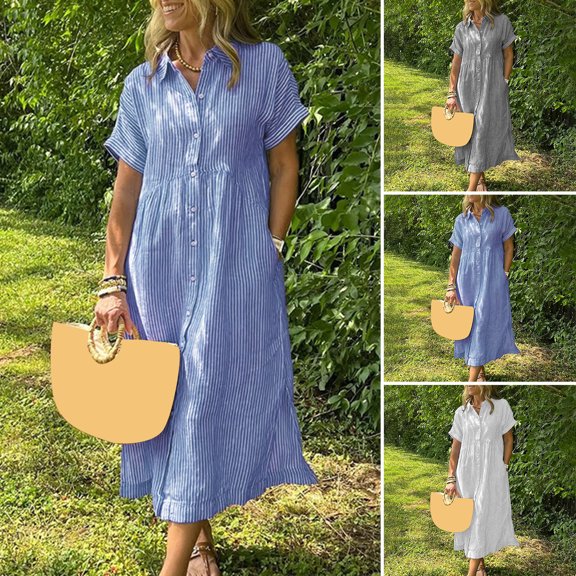 Joernso Striped Lapel Button Down Shirt Dress with Pockets Summer Casual Short Sleeve A-line Long Shift Beach Dress for Women