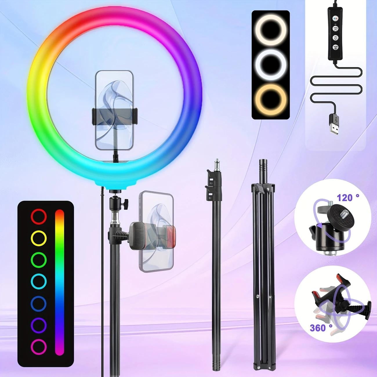 12" LED Ring Light with 63" Telescoping Tripod Stand - 9 Color Modes & 3-in-1 Dimmable Lighting for Makeup/TikTok/YouTube