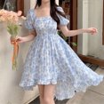 thumbnail image 4 of Vestido de verano para mujer, mangas abullonadas, dobladillo con volantes alto y bajo, estampado floral, cintura elástica, vestido de verano, 4 of 8