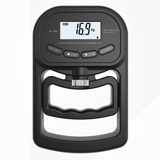 Hand Dynamometer Grip Strength Trainer in black with electronic grip strength tester functionality. Features a bright LCD screen displaying grip strength in kilograms, ergonomic handle design, and control buttons for settings and measurement. Measures grip strength up to 265 lbs (120 kgs) with high precision strain gauge sensor. Includes USB charging capability and memory record for up to 19 user profiles. Ideal for physical therapy, fitness training, and sports applications.