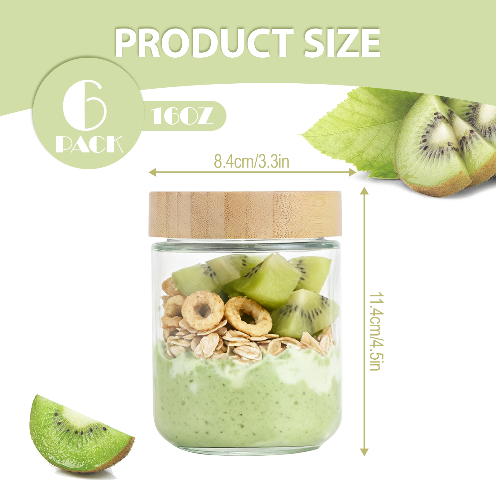Lumikrypt 6Pack 16Oz Overnight Oats Containers with Bamboo Lids, Glass Jars with Airtight Lids, Glass Food Storage Containers, Ideal for Snacks, Yogurt, Spices, and Sweets