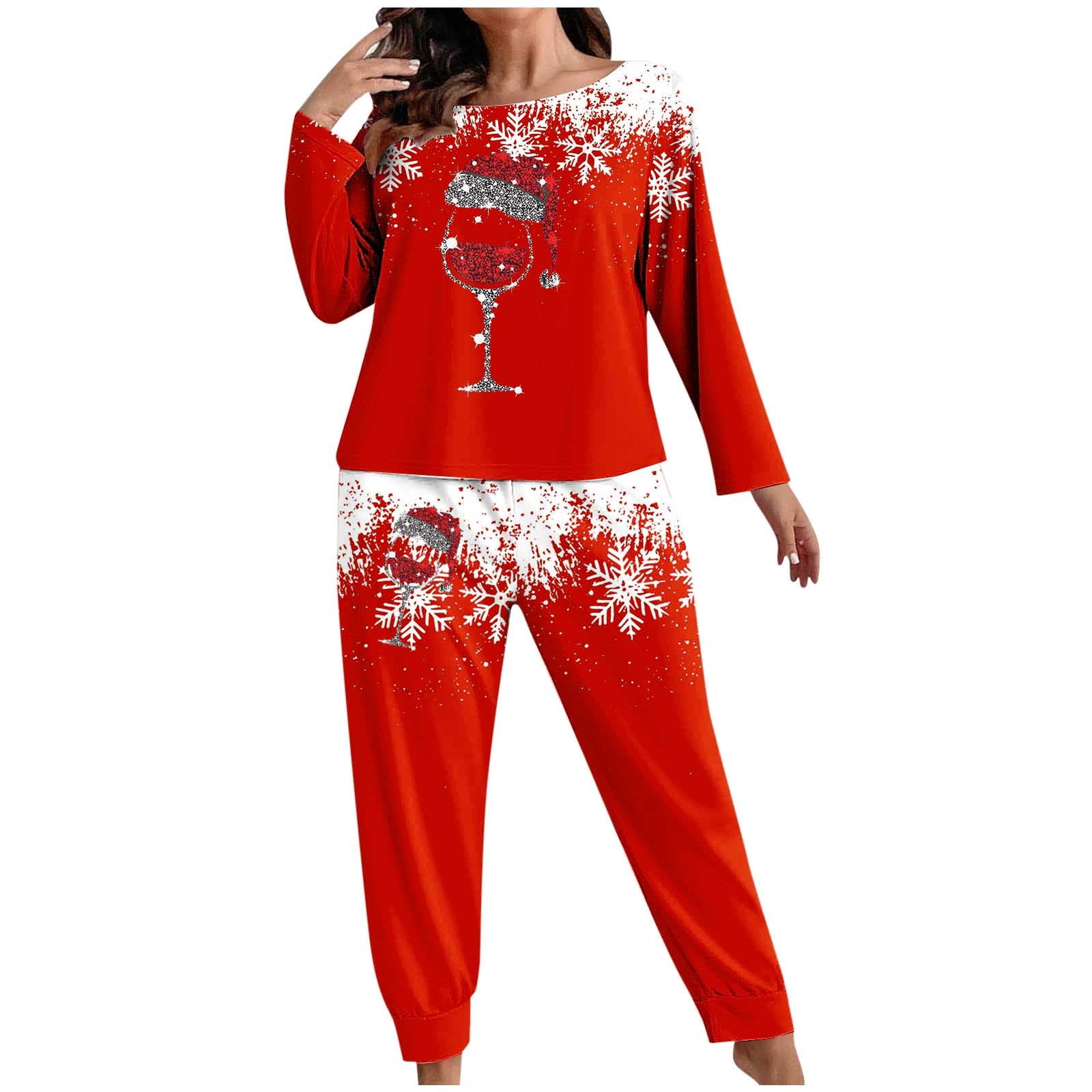 Hueook Christmas Pajamas for Women s Plus Size Fashionable Print Long Sleeved Pants Casual Home Suit Set Red 4X