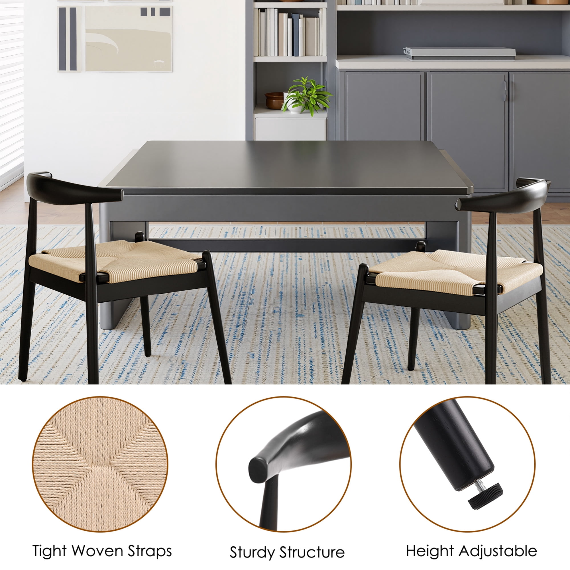 MAYEERTY Set of 2 Modern Dining Chairs, Solid Wood Legs & Woven Rope for Dining Room, Black-beige