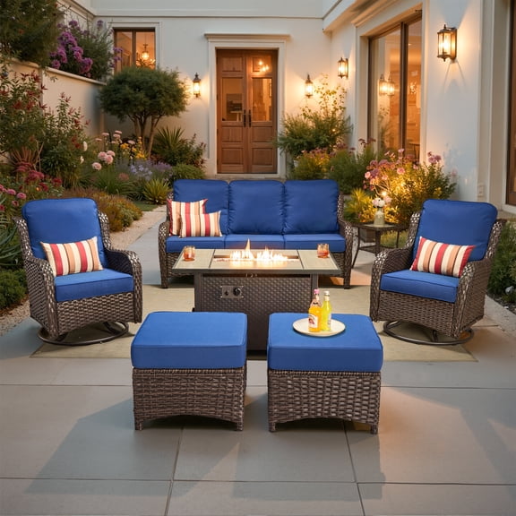 ODELIO 7‑Piece All‑Weather Wicker Patio Furniture Set, Outdoor Conversation Set with 360° Swivel Rocking Chairs, 55000 BTU Propane Fire Pit Table & Ottomans, Navy blue Cushions