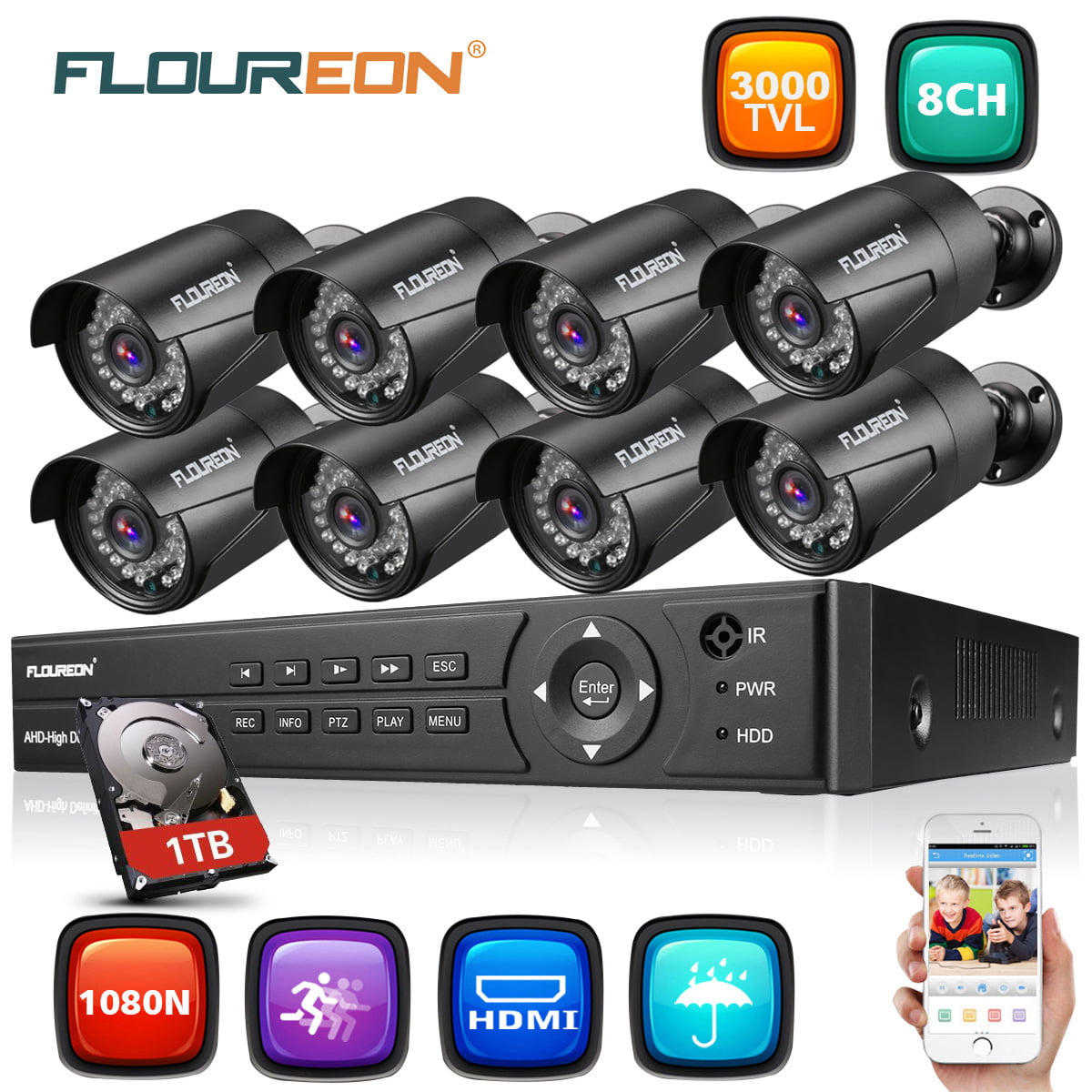 FLOUREON Caméra Bullet HD 1080P 3000TVL CCTV AHD IR Caméra de surveillance IP66 