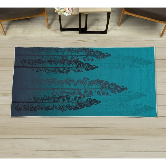 Country Decorative Rug, Pine Trees in the Forest on Foggy Seem Ombre Backdrop Wildlife Adventure Art, Quality Carpet for Bedroom Dorm and Living Room, 6 Sizes, Sky Blue, by Ambesonne
