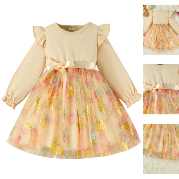 HJYCHN Kids Dress Long Sleeve Butterfly Print Mesh Party Gown with Sash Bow for Girls Dress 12-18 Months