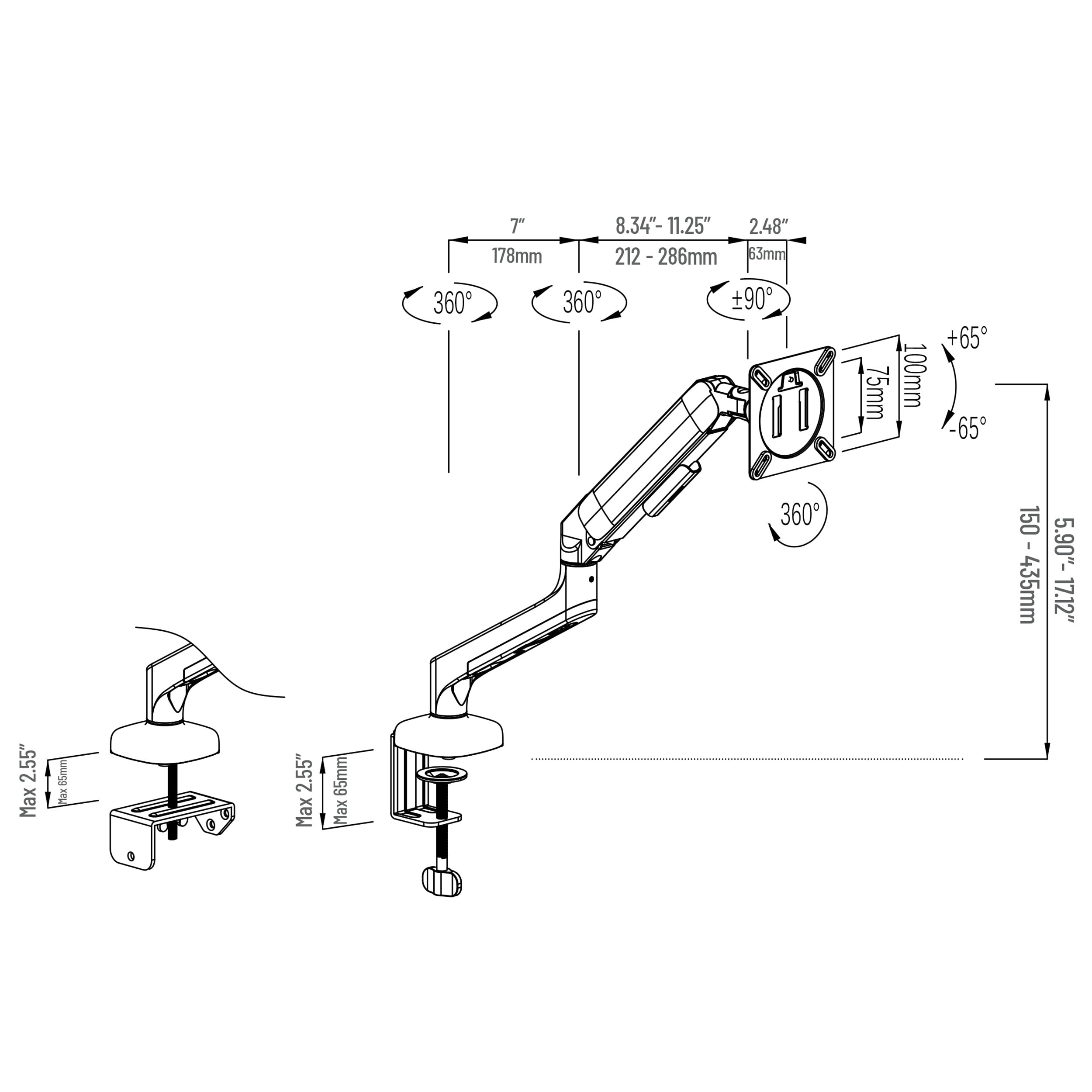Mind Reader Counter-Balance Gas Spring Monitor Arm, 13"-32" Single Desk Mount, 180° Rotation, Tilt ±65°, Swivel ±180°, VESA 75x75/100x100, Black
