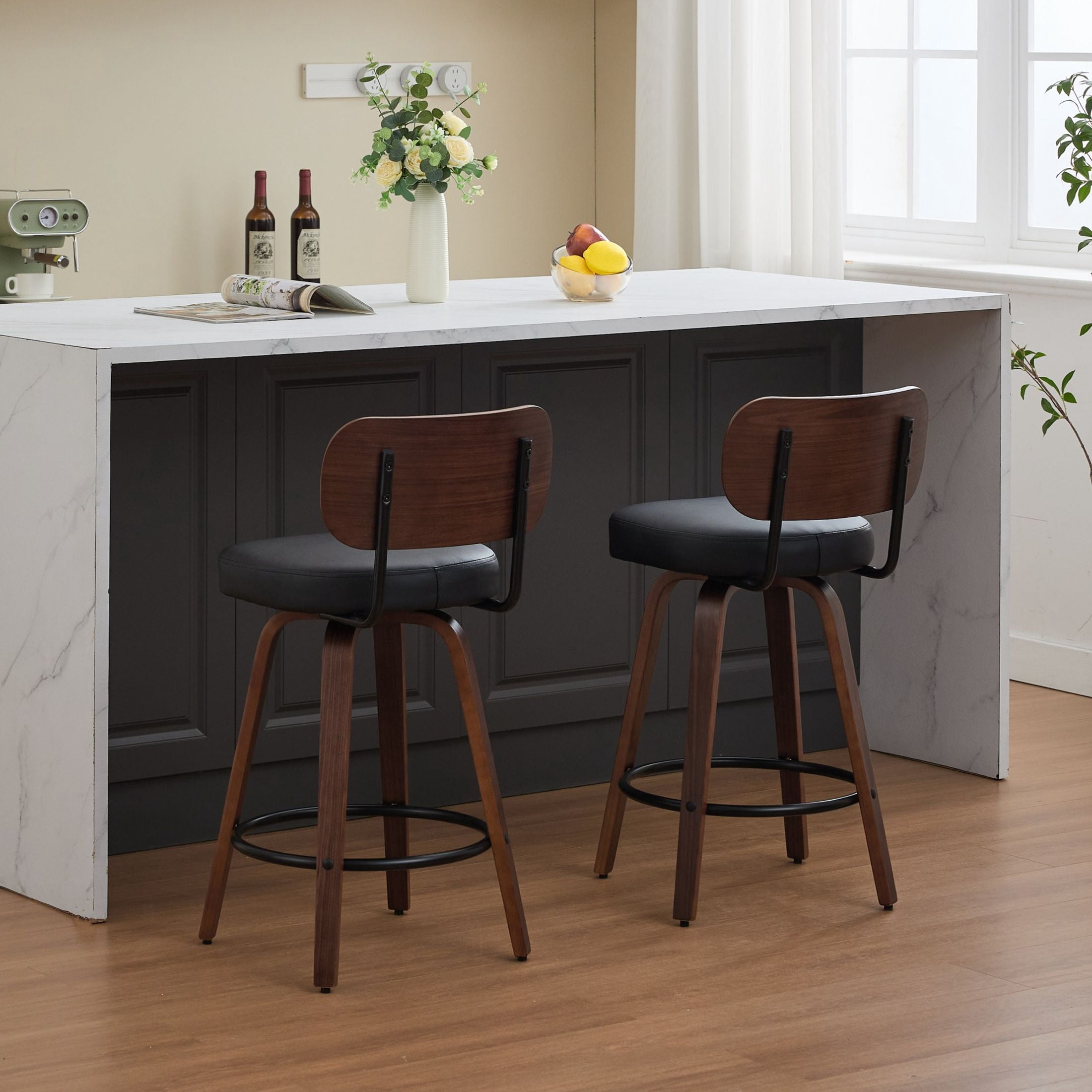Noble House Set of 2 Swivel Bar Stools, Faux Leather Seat, Bentwood Frame, Walnut + Black
