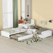 Bellemave L Shaped Platform Bed with Trundle and Drawers, Wood Twin Szie Corner Bed Built-in Desk, Twin Bed Frame for 3 Teens Adults (White)