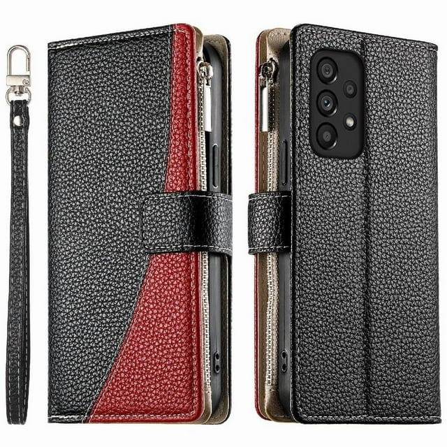Funda cartera GANGXUN para Samsung Galaxy A53 5G , cuero PU con tarjetero, cremallera, correa de mano, soporte y protección 457°