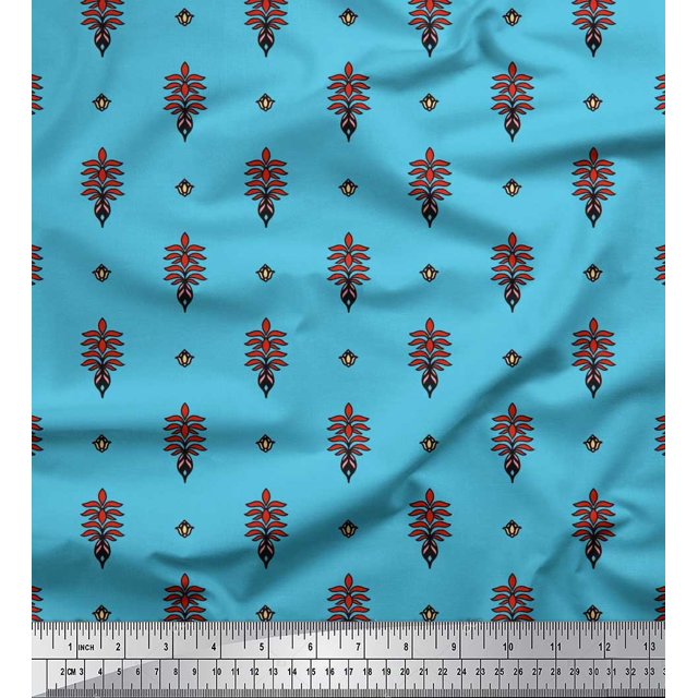 Soimoi Silk Fabric Leaves & Floral Block Print Fabric by Yard 42 Inch Wide