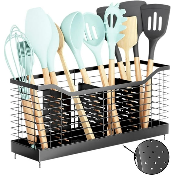 Godance Extra Large Kitchen Utensil Organizer with 4 Compartments - Countertop Storage Holder for 40  Cooking Tools, Drainage Design with Non-Slip Base, Countertop Organizer for Spoons, Spatulas