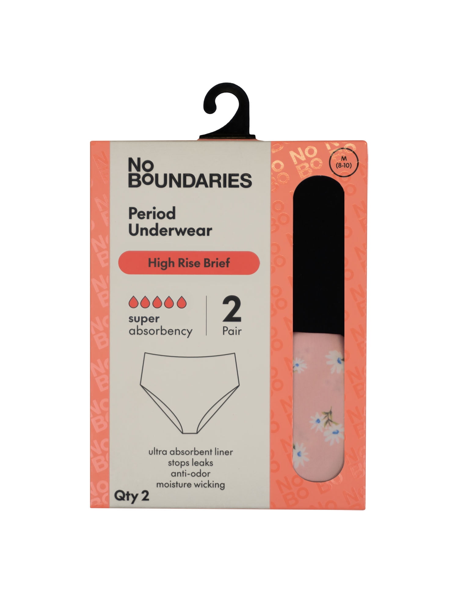 No Boundaries High-Rise Brief Super Absorbency Period Underwear, 2-Pack, Women’s XS-XXL
