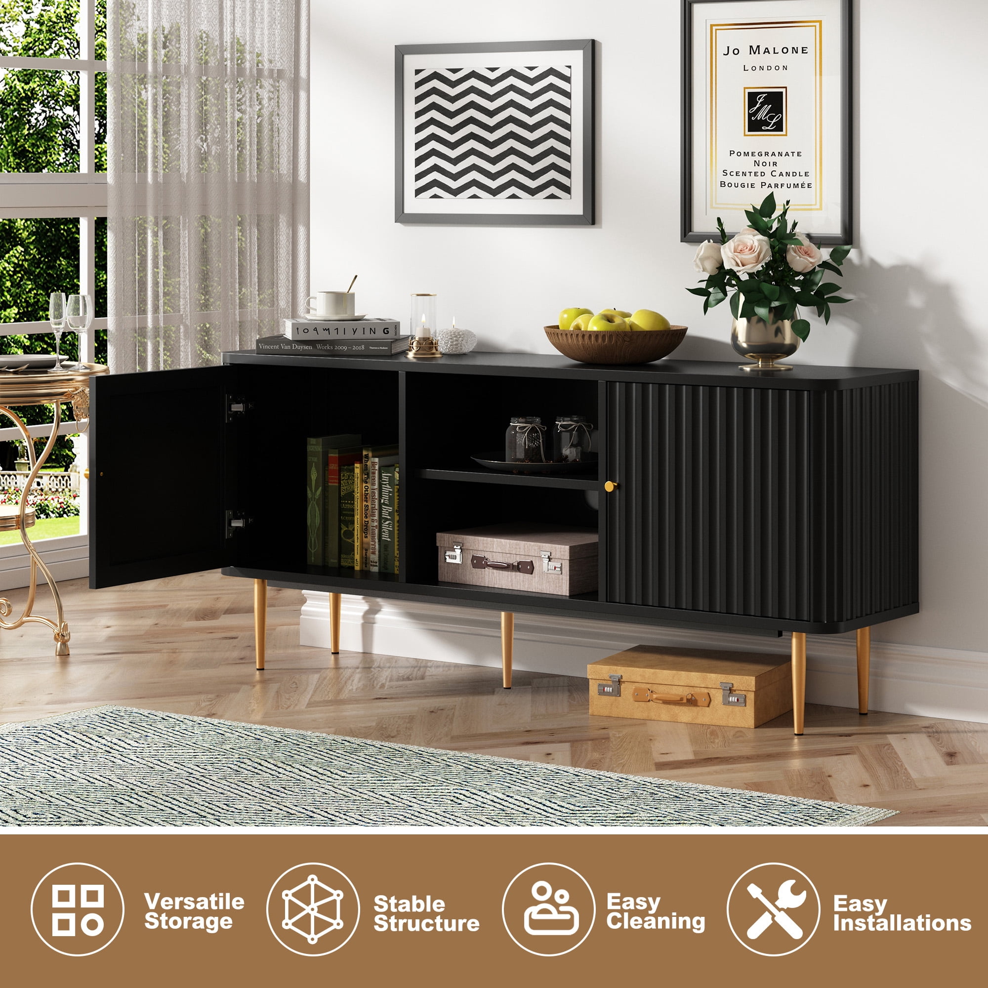 HLR Modern Fluted 55" TV Stand for 65 Inch TV with Storage, Entertainment Center for Living Room, Black