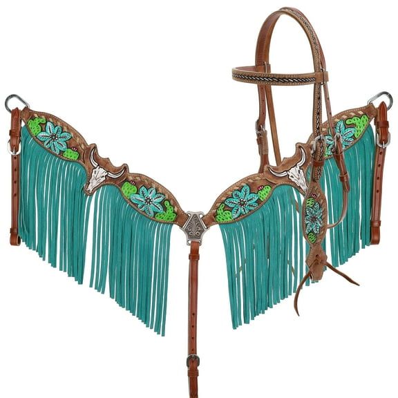 Showman Steer Skull & Cactus Leather Headstall & Breast Collar Set w/ Fringe