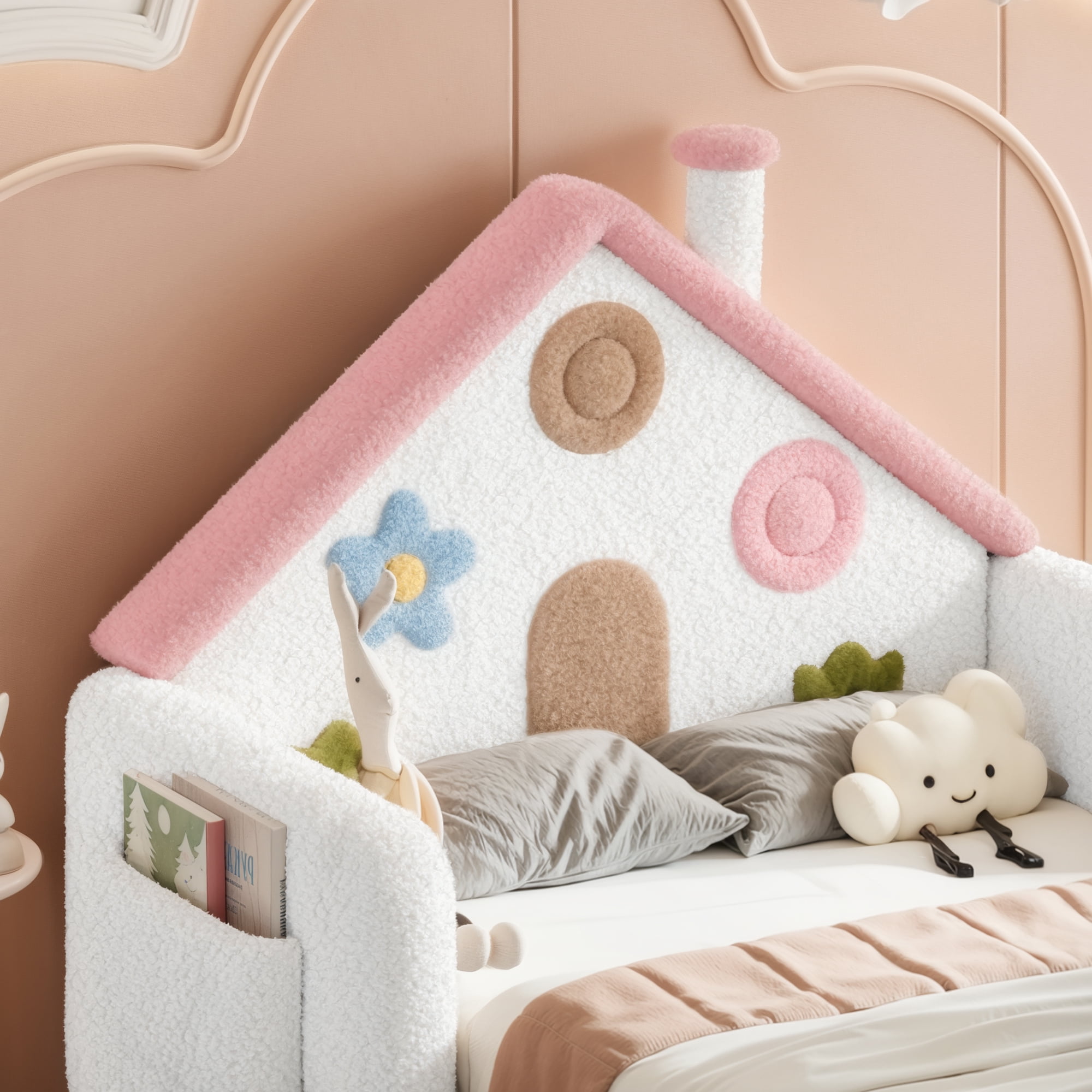 HOQBN Twin House Shaped Upholstered Floor Bed, Upholstered Kids Bed with Safety Side Rails, Low Floor Playhouse Bed for Nursery & Kids Bedroom White & Pink