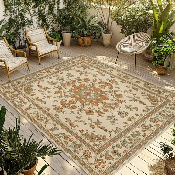 Fsddascl Orange Boho Outdoor Rug for Patio/Deck/Porch, Non-Slip Large Area Rug 4 x 6 Ft, Ethnic Geometric Southwestern Retro Indoor Outdoor Rugs Washable Area Rugs, Reversible Camping Rug Carpet