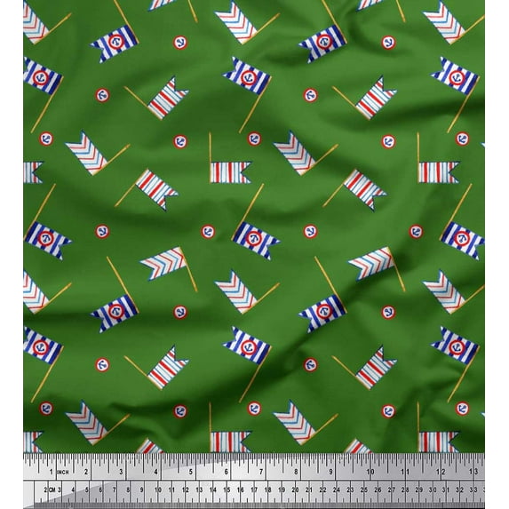 Soimoi Green Velvet Fabric Anchor Hook & Small Country Flag Print Fabric by the Yard 58 Inch Wide